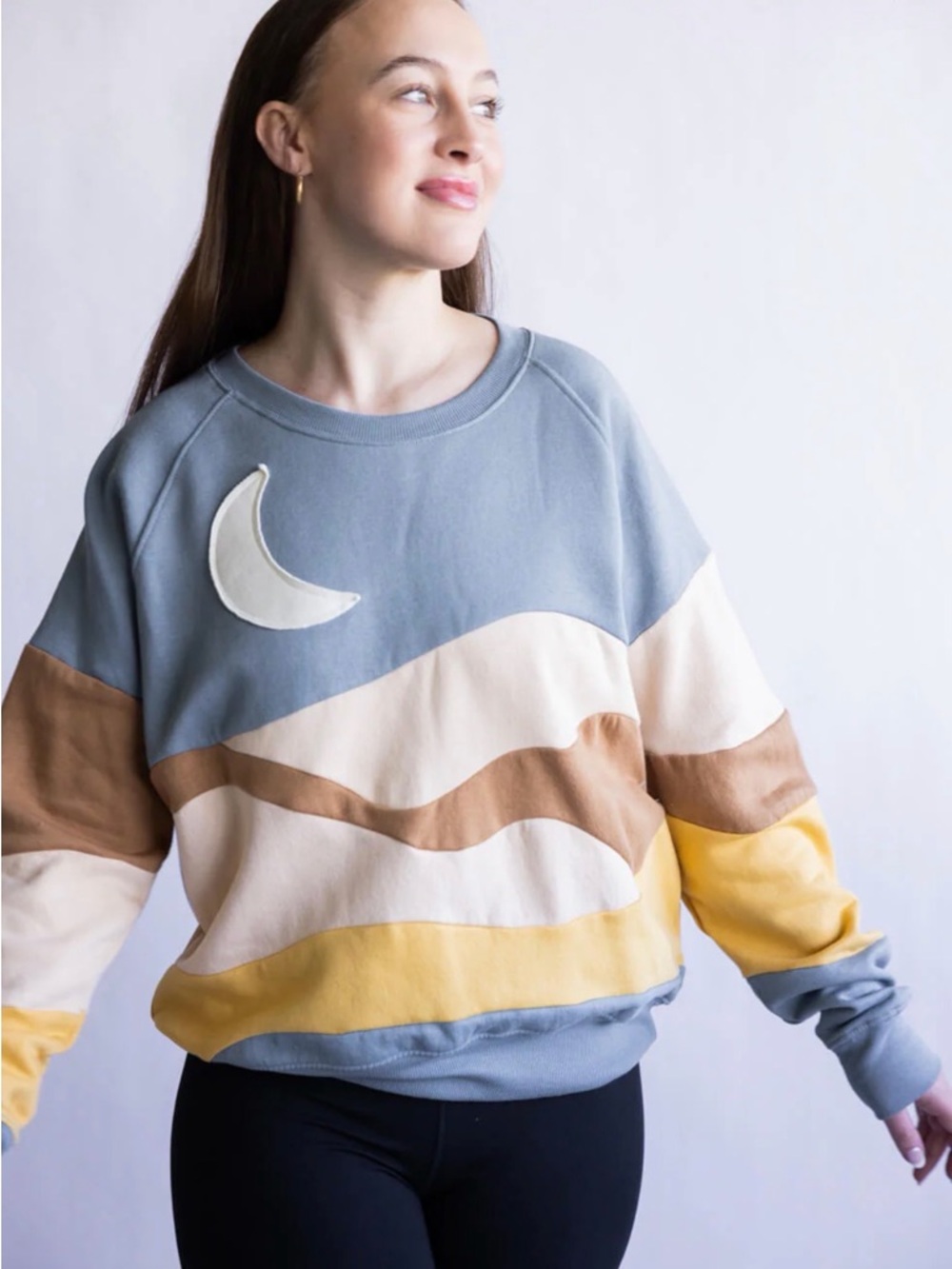 Simply Southern Moon Wave Colorblock Sweatshirt - Blue, Cream, Brown, Yellow